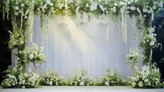 白色鲜花婚礼布置现场背景板摄影图