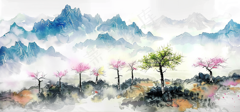 水墨祖国山河磅礴气势青山国画插画背景(4368x2040)