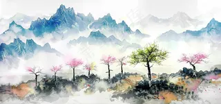 水墨祖国山河磅礴气势青山国画插画背景