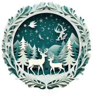 圣诞卡通剪纸麋鹿圣诞树绿色卡通免抠