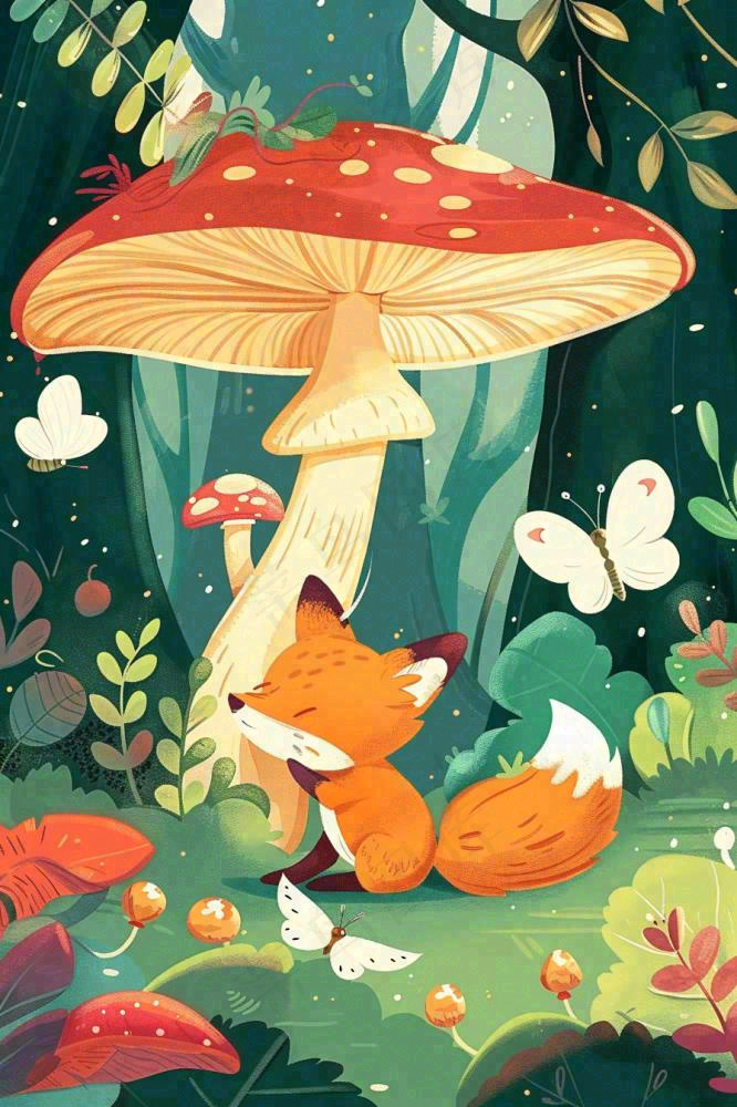 森林里的可爱狐狸在红蘑菇下玩耍唯美插画惊蛰处暑背景
