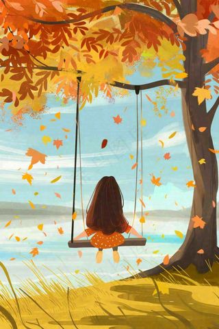 秋天湖泊大树下荡秋千的女孩落叶立秋秋分卡通插画背景