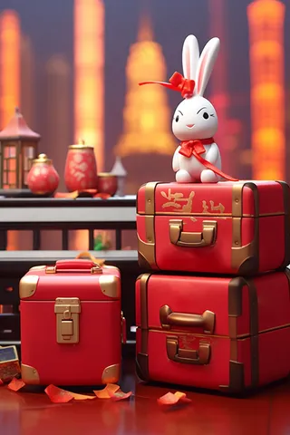 新年春节白兔坐在礼物礼盒灯火灯笼喜庆摄影图