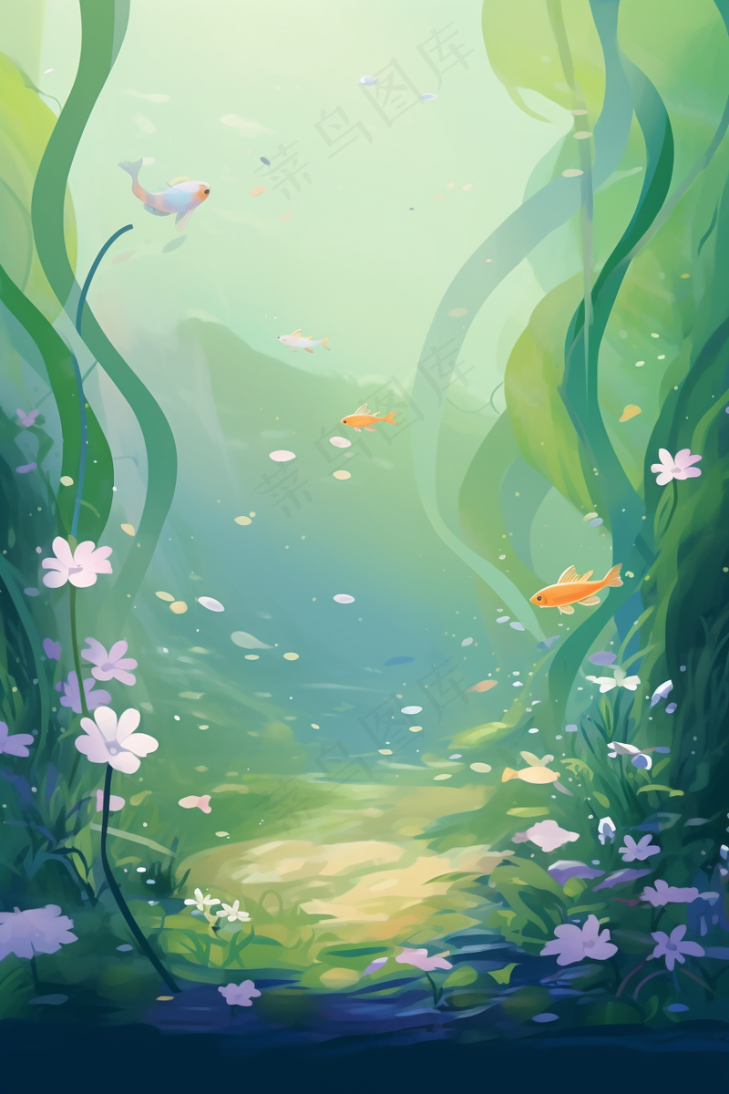 湖底水底世界鱼群游曳水草植物卡通插画背景(2688x4032)