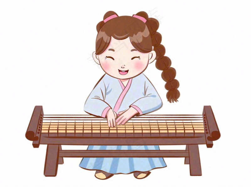 中国传统乐器弹奏古筝琵琶中国风古装女孩卡通插画免抠(1264x944)