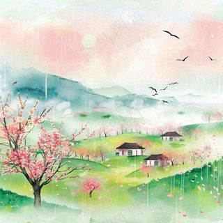 春天春分春暖花开江南山林桃花国画徽式建筑古风水墨插画背景