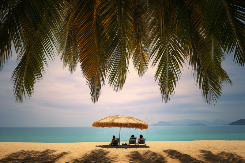 夏日沙滩海边椰树摄影图