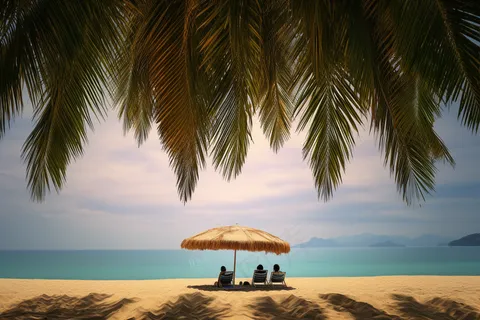 夏日沙滩海边椰树摄影图