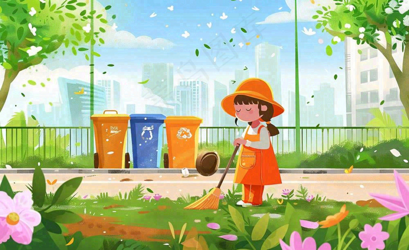 环卫工人清洁街道劳动职业保护环境城市卫生卡通插画背景