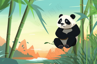 竹林大熊猫玩乐卡通插画背景