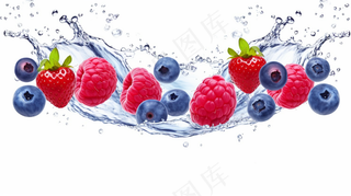 蓝莓树莓水花四溅新鲜水果摄影图