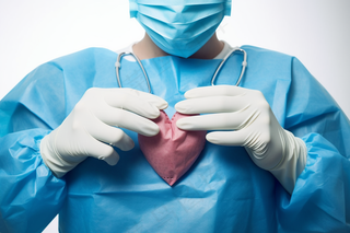 手术医生手握红色爱心医疗摄影图