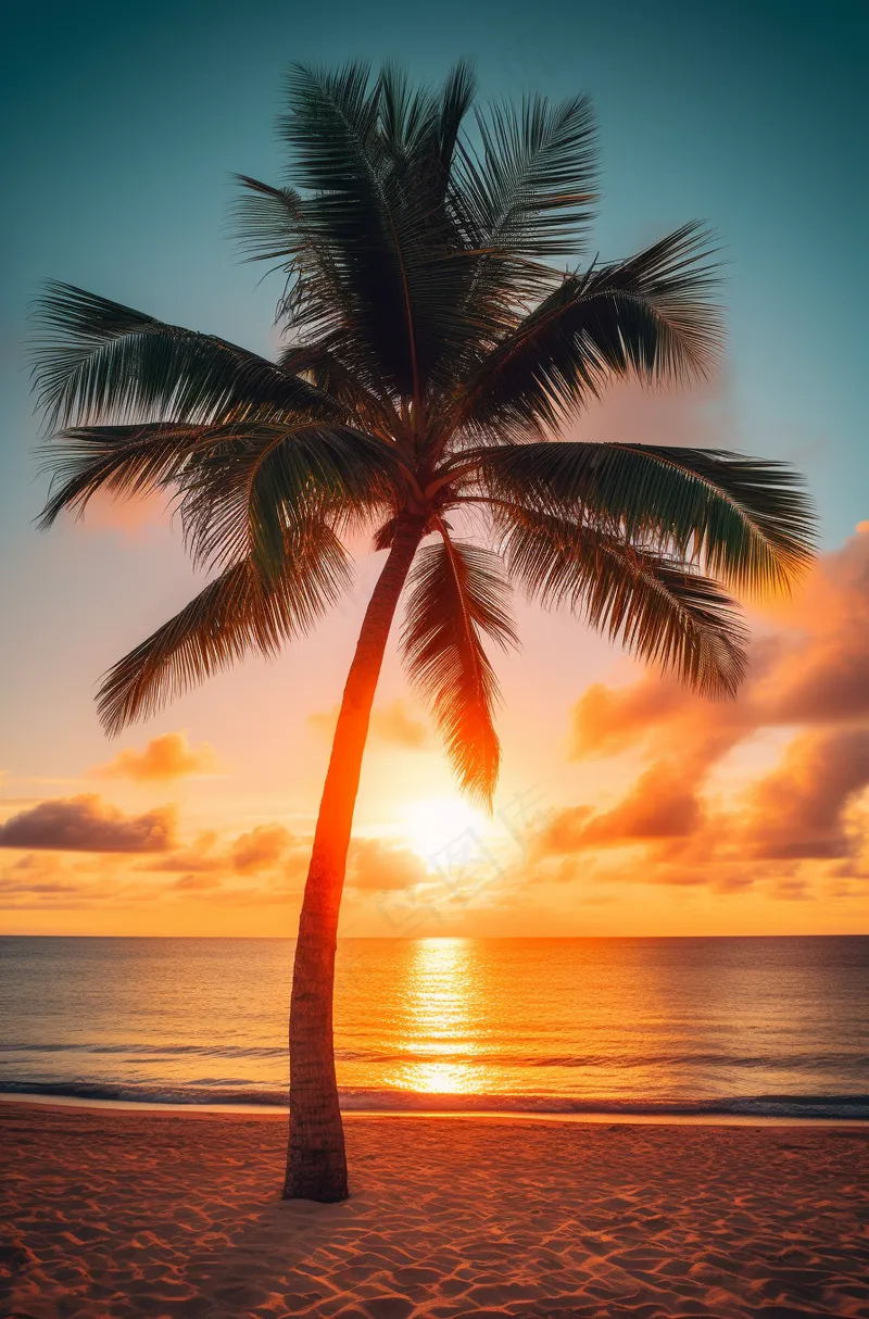 海边沙滩夕阳晚霞日出椰树摄影图(2688x4080)