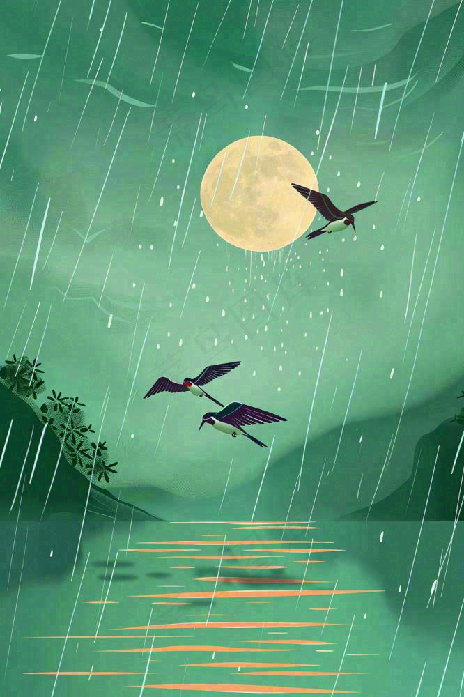 春天雨天夜晚月亮燕子山水画清冷雨水谷雨清明插画 背景(896x1344)