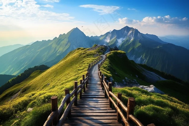 爬山栈道高山山顶云雾大自然风光摄影图(4032x2688)