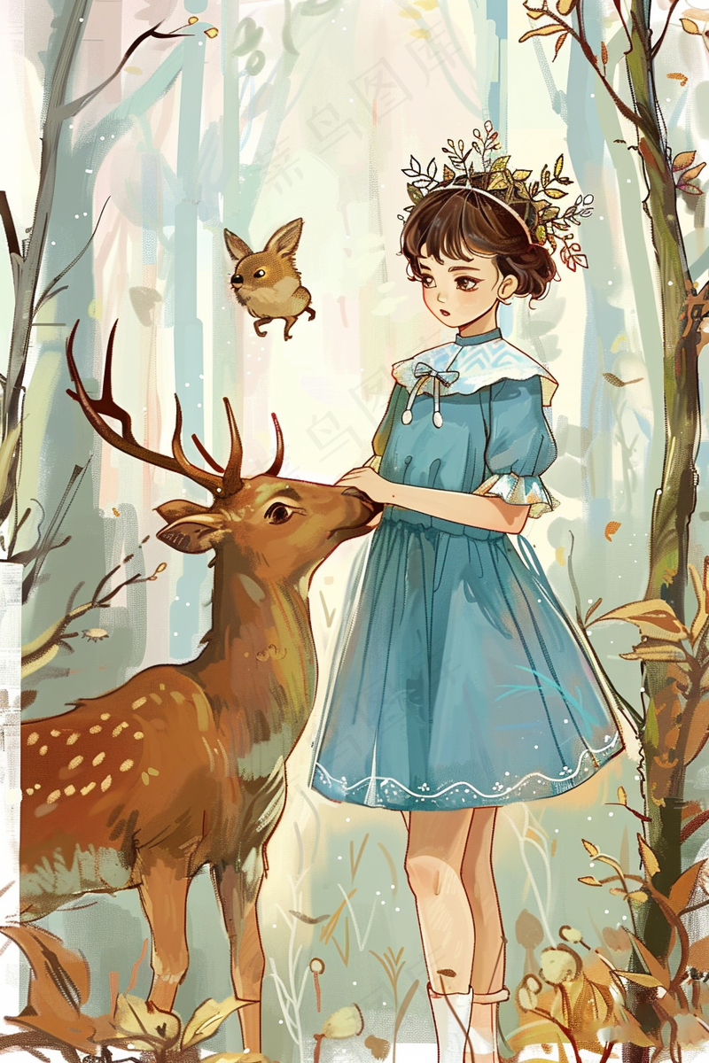 盛夏的树林中与麋鹿的蓝裙小女孩插画背景(2688x4032)