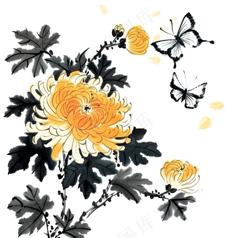 水墨菊花蝴蝶清明中秋插画免抠(1024x1024)