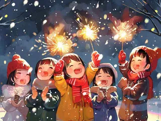 孩童儿童一起放烟花场景开心热闹庆祝新年春节小年除夕夜卡通插画背景