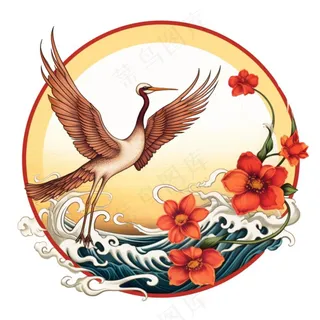 国潮仙鹤国风圆形插画免抠