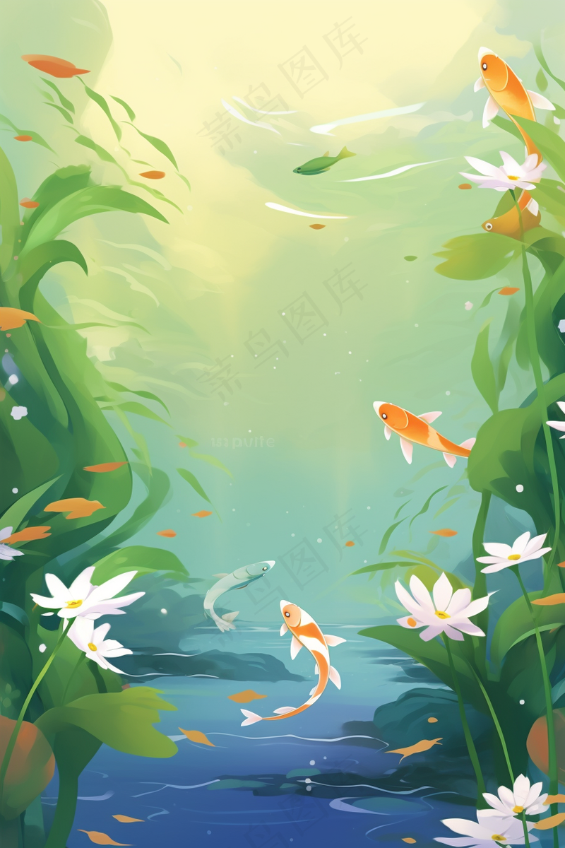 湖底水底世界鱼群游曳水草植物卡通插画背景