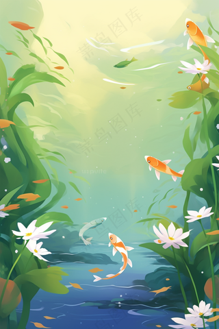 湖底水底世界鱼群游曳水草植物卡通插画背景