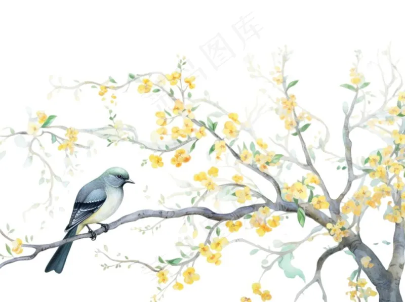 站在树上的鸟黄花卡通插画免抠(1264x944)