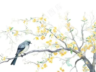 站在树上的鸟黄花卡通插画免抠