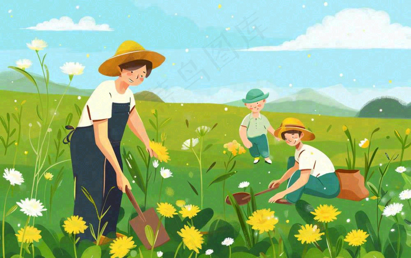 春天一家人在种花植树花丛浇水小满卡通插画背景(1376x864)
