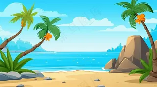 海边沙滩礁石椰树海岛卡通插画 背景