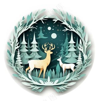 圣诞卡通剪纸麋鹿圣诞树绿色卡通免抠