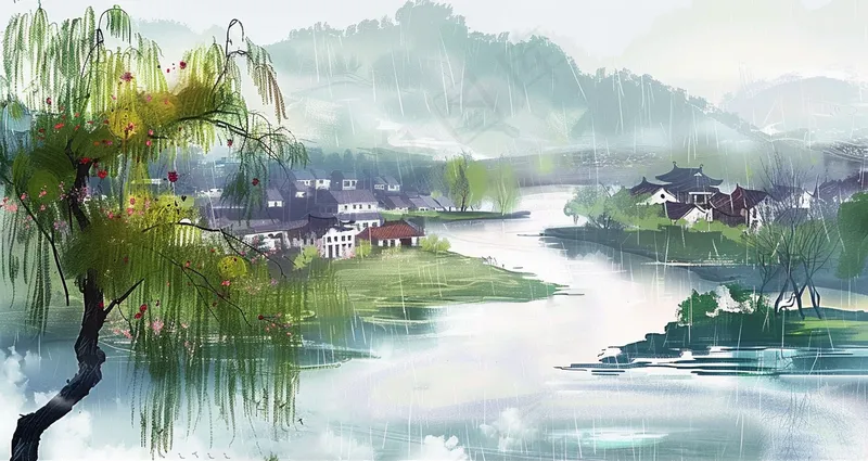 水墨江南水乡国画河边小镇插画背景(4368x2319)