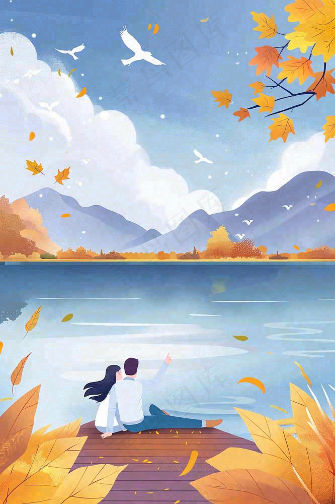 秋天情侣坐着湖边栈道看风景白鹭白露处暑寒露插画背景(896x1344)