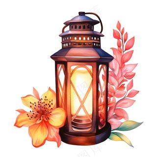 手柄老式灯笼复古照明植物花朵水彩插画免抠