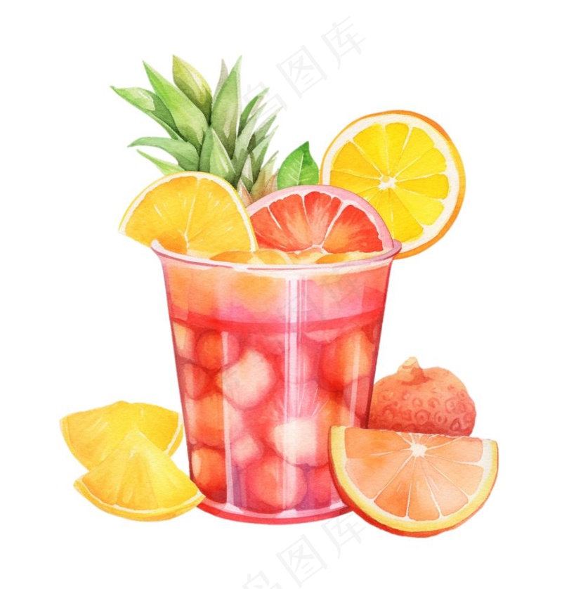水果茶饮料草莓菠萝橙子柠檬水彩插画免抠(1024x1072)