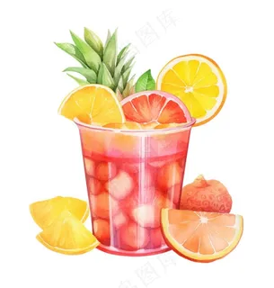 水果茶饮料草莓菠萝橙子柠檬水彩插画免抠