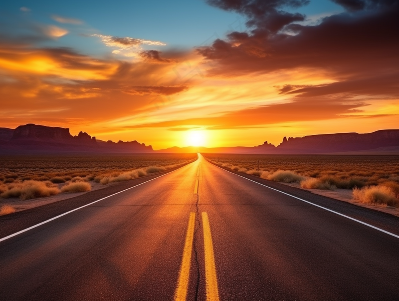 延绵的公路夕阳落日余晖晚霞摄影图(3696x2784)
