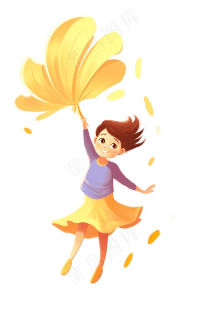 女孩少女拿着黄叶起舞美丽的裙摆卡通插画免抠