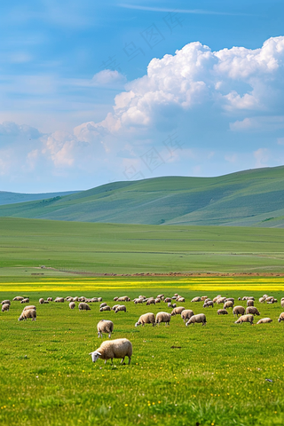 春天草甸草地山坡摄影图