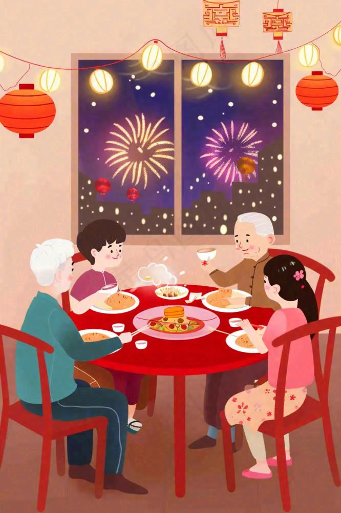 新年除夕夜团圆饭节日喜庆过年团聚一家人春节插画背景(896x1344)