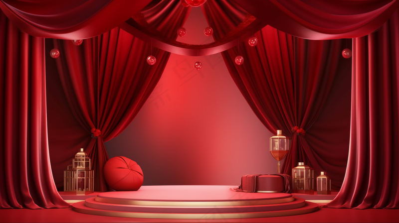 中国风红色婚庆节日年会舞台产品展示台创意图3D建模摄影图