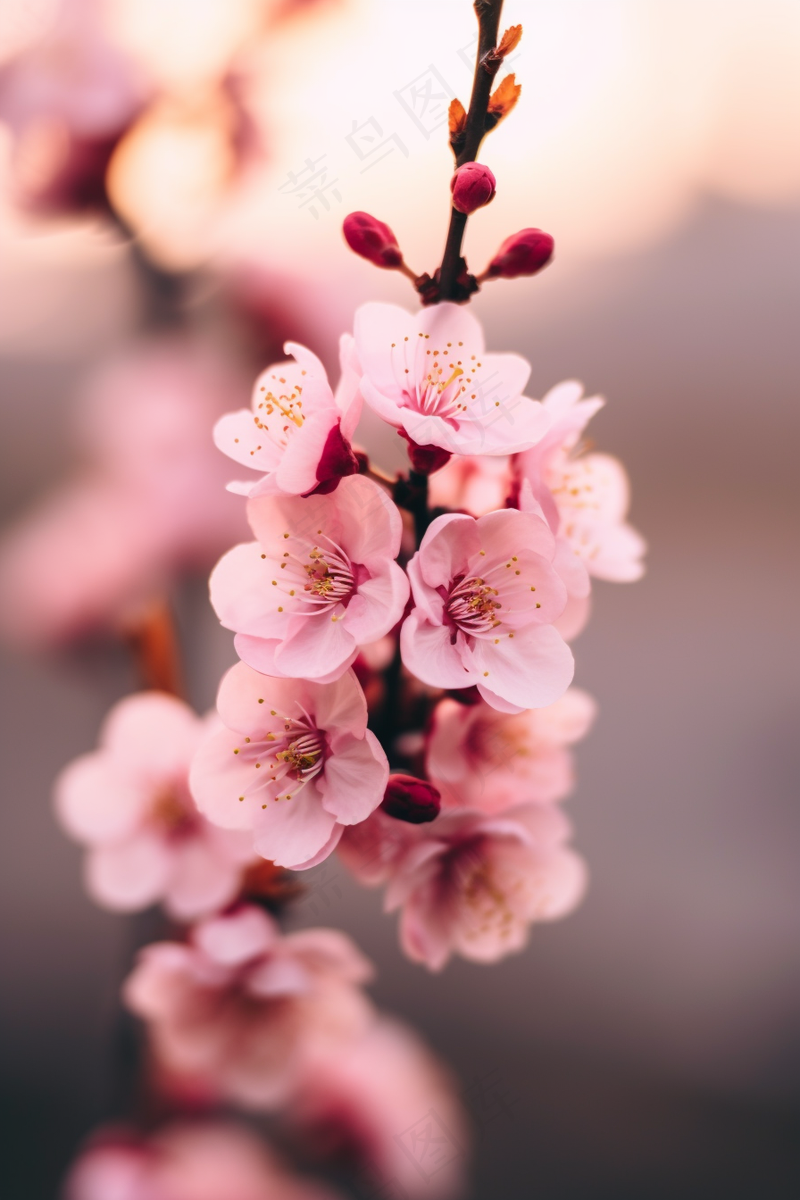 粉梅花春天桃花樱花树枝抽新芽摄影图