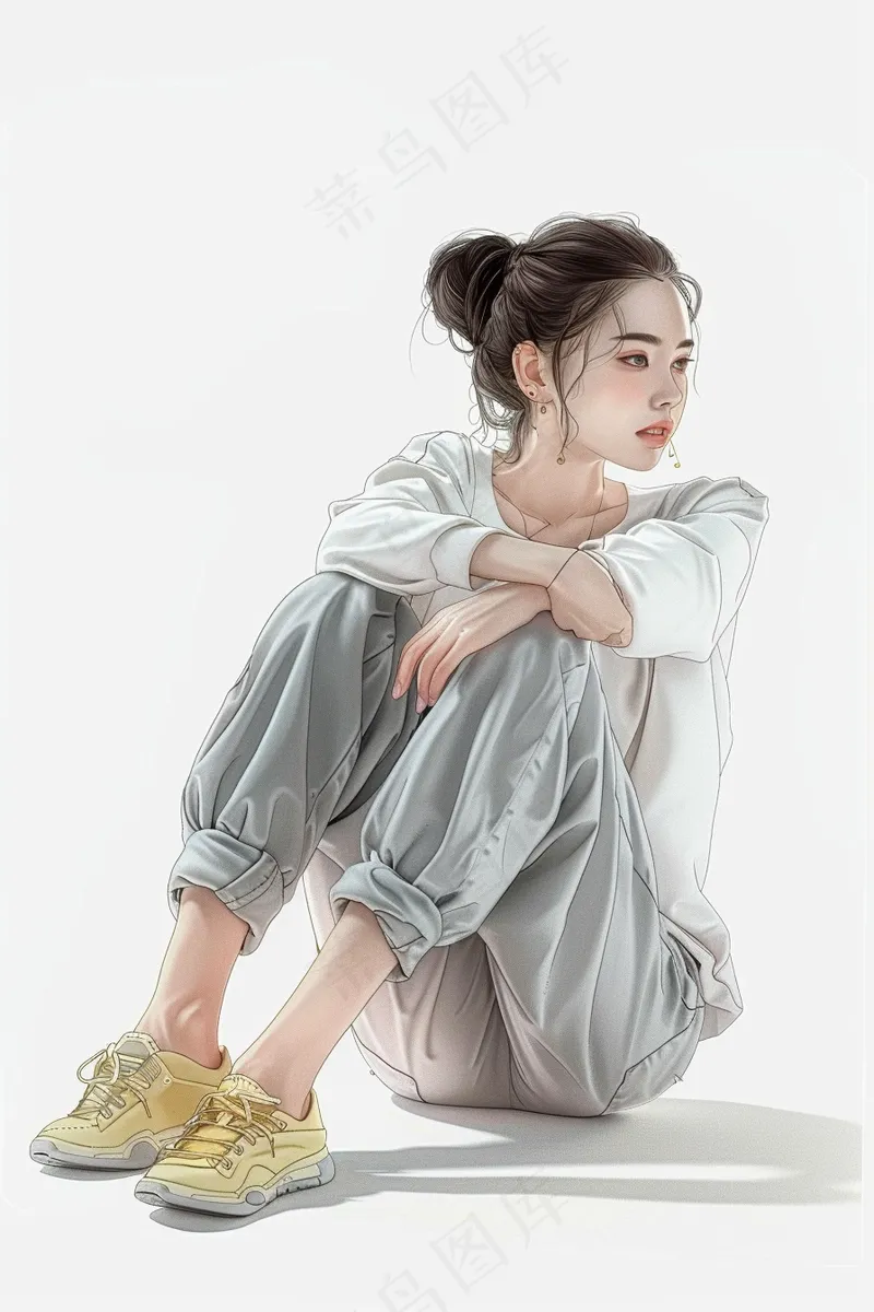 蹲坐着的少女朝气马尾发型插画背景(2688x4032)