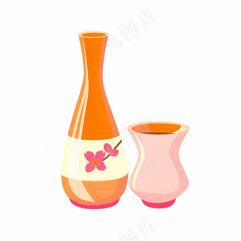 粉色樱花烧酒瓶酒杯水彩插画免抠(1024x1024)