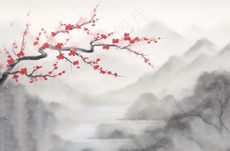 冬季山水梅花山峰水墨画中国风插画背景(1360x896)