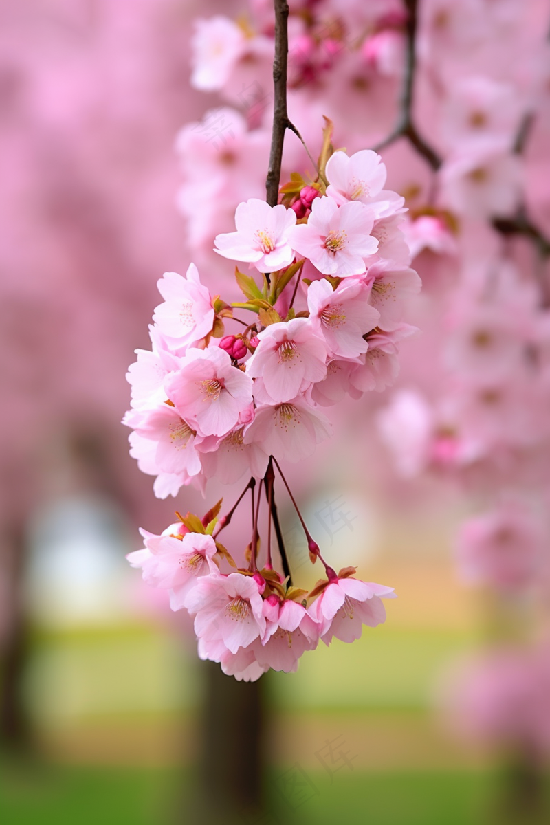 粉梅花春天桃花樱花树枝抽新芽摄影图