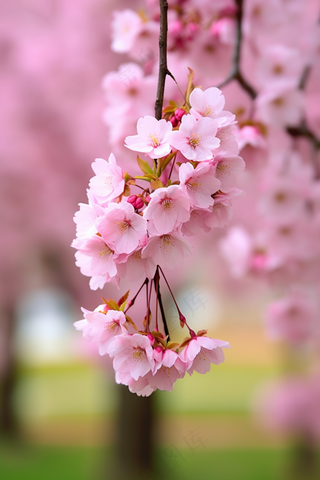 粉梅花春天桃花樱花树枝抽新芽摄影图