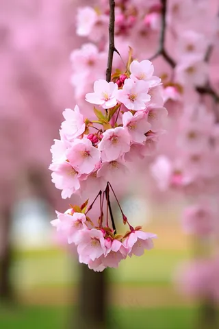 粉梅花春天桃花樱花树枝抽新芽摄影图