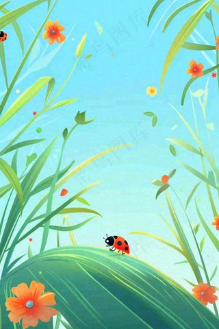 春天草丛花丛里的昆虫七星瓢虫蓝色背景踏青立春春分惊蛰卡通插画背景