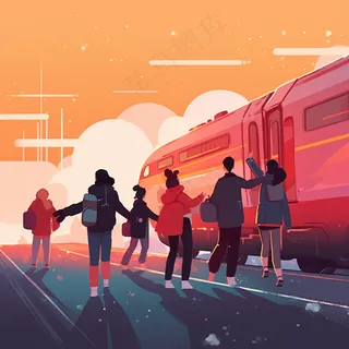 中国传统节日春节除夕春运赶火车回家团聚的人物插画海报背景