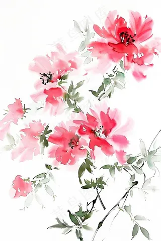 水墨映山红红花水墨插画免抠